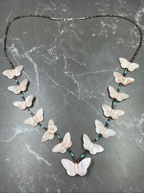 Native American Sterling Mother of Pearl Butterfly Fetish Necklace